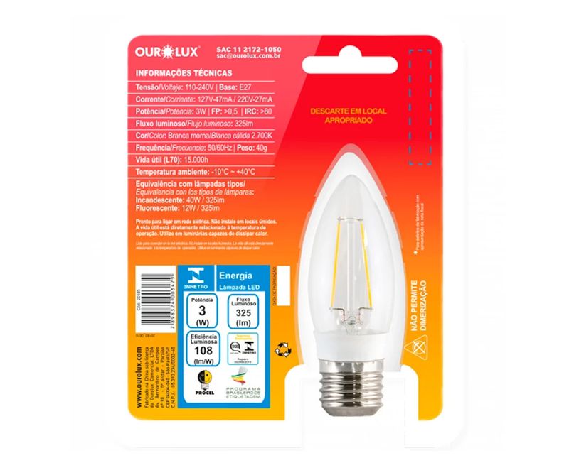 Lâmpada LED Vela E27 2700K Luz Amarela Bivolt 3W FILAMENTO 20185 Ourolux a imagem apresenta o produto dentro de sua embalagem de trás