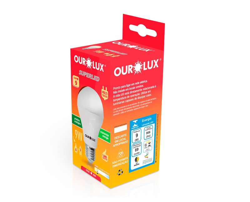 Lâmpada LED A60 E27 3000K Luz Amarela Bivolt 9W 806Lm 20036 Ourolux | Dimensional - Embalagem do produto para a esquerda