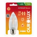 Lâmpada LED Vela E27 2700K Luz Amarela Bivolt 3W Fosca 20206 Ourolux a imagem apresenta o produto em sua embalagem de frente