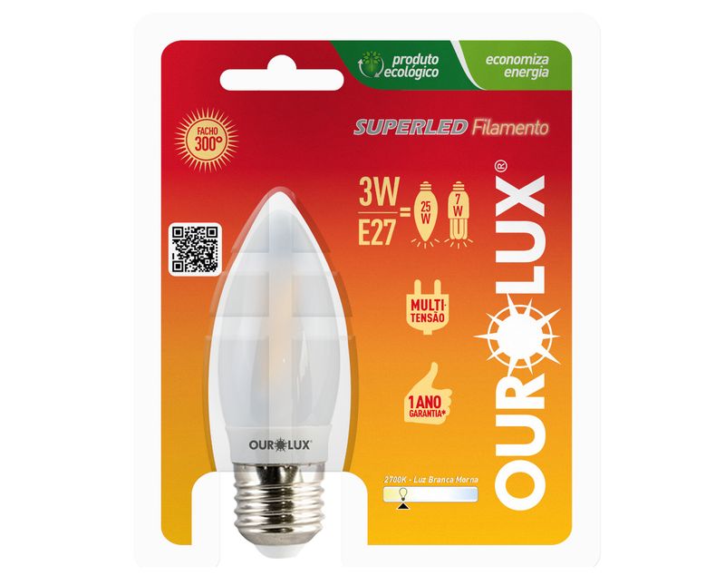 Lâmpada LED Vela E27 2700K Luz Amarela Bivolt 3W Fosca 20206 Ourolux a imagem apresenta o produto em sua embalagem de frente
