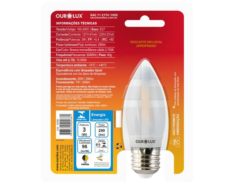 Lâmpada LED Vela E27 2700K Luz Amarela Bivolt 3W Fosca 20206 Ourolux a imagem apresenta o produto em sua embalagem de trás
