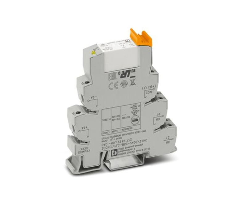 Relé Interface 24 Vcc 6A Led Amarelo 1 Reversível Com Base 2966171 Phoenix Contact - Imagem ilustrativa - Posição traeira inclinado para direita