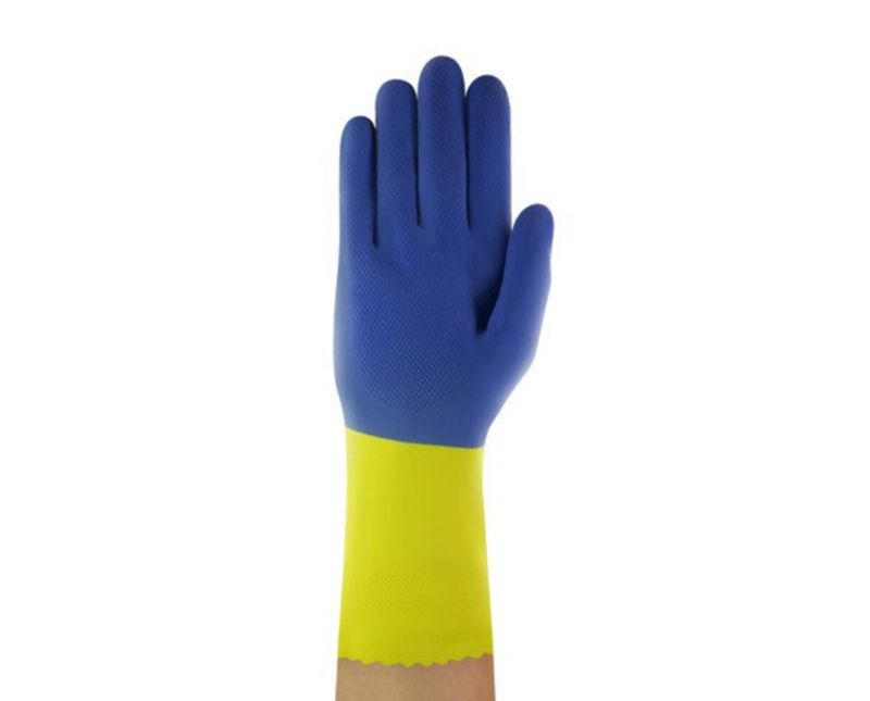 Luva Proteção Química Latex Natural Azul/Amarela Anti Derrapante Chemi Pro 224 Tamanho 7 CA 12872 Ansell - Dimensional | Imagem ilustrativa - Visão vertical