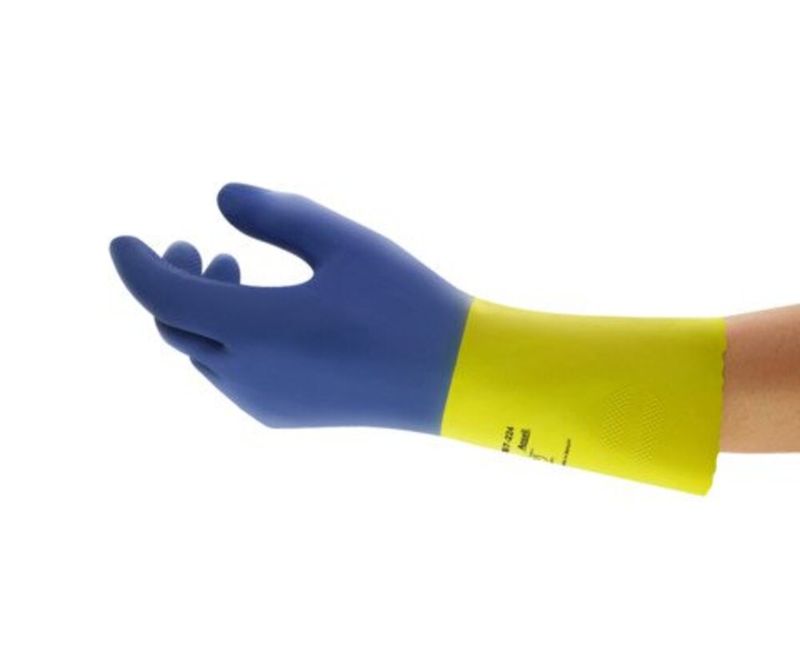 Luva Proteção Química Latex Natural Azul/Amarela Anti Derrapante Chemi Pro 224 Tamanho 7 CA 12872 Ansell - Dimensional | Imagem ilustrativa - Visão horizontal