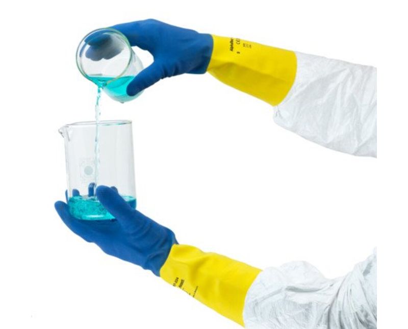 Luva Proteção Química Latex Natural Azul/Amarela Anti Derrapante Chemi Pro 224 Tamanho 7 CA 12872 Ansell - Dimensional | Imagem ilustrativa - Demonstração