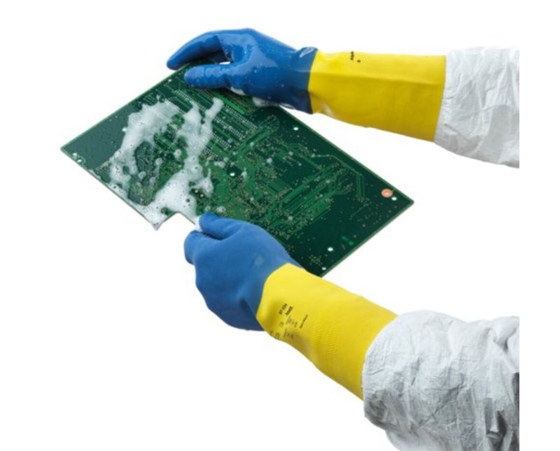 Luva Proteção Química Latex Natural Azul/Amarela Anti Derrapante Chemi Pro 224 Tamanho 7 CA 12872 Ansell - Dimensional | Imagem ilustrativa - Demonstração