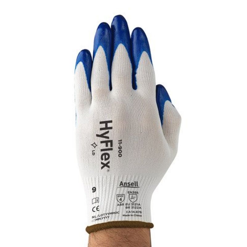 Luva Proteção Mecanica Nylon Branca/Azul Nitrilica Hyflex 11900 Tamanho 7/P  Ansell - Dimensional