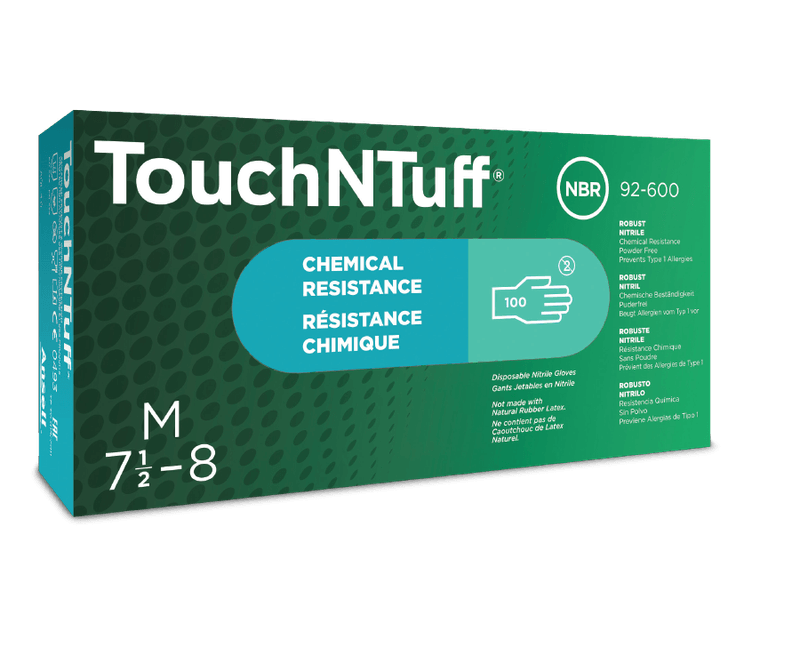 Luva Procedimento Nitrílica Verde Embalagem com 100 luvas TOUCH N TUFF PF92600 Tamanho P Ansell - Dimensional | Embalagem do produto