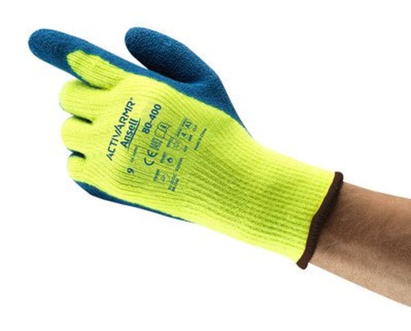 Luva Baixa Temperatura Látex Natural Azul/Amarela Antiderrapante Power Flex 80 400 Tamanho 10 CA 16083 Ansell Z | Imagem ilustrativa do produto em uma mão