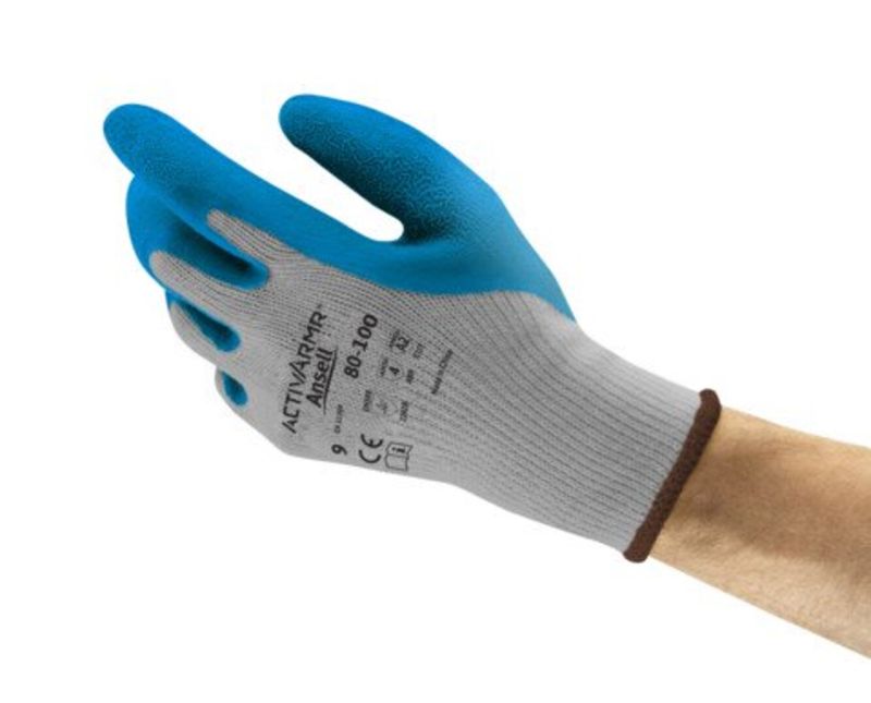 Luva Proteção Mecânica Latex Natural Azul/Cinza Anti Derrapante Power Flex 80 100 Tamanho 10 CA 12509 Ansell -Dimensional | Demonstração do produto em uso