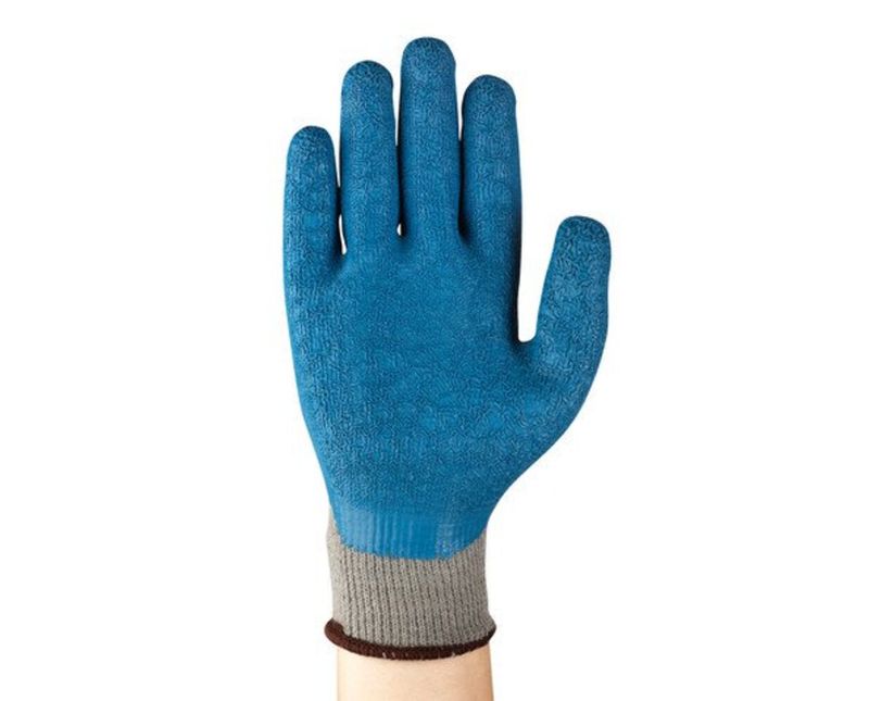 Luva Proteção Mecânica Latex Natural Azul/Cinza Anti Derrapante Power Flex 80 100 Tamanho 10 CA 12509 Ansell -Dimensional | Demonstração do produto em uso
