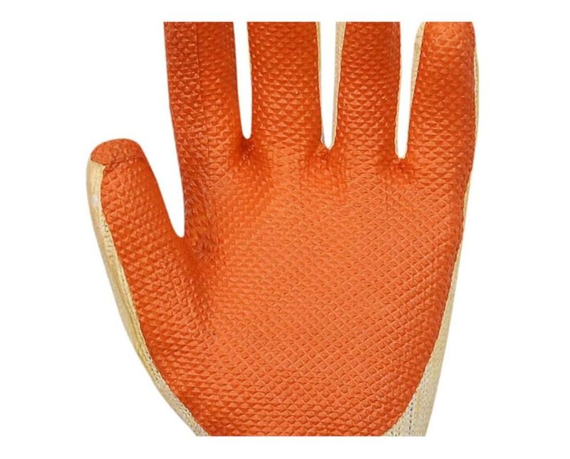 Luva Proteção Quimica Mecânica Algodão Com Banho Latex Laranja 101095705 Tamanho 8/M Volk - Dimensional | Ampliado nos detalhes da palma do produto