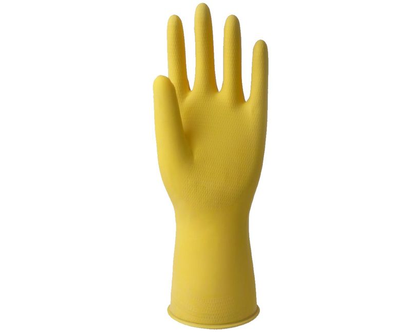 Luva Latex Natural Amarela Anti Derrapante TOP Tamanho G CA 40044 Sanro- Dimensional | Imagem ilustrativa - Ampliado nos detalhes do material