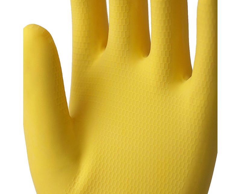 Luva Latex Natural Amarela Anti Derrapante TOP Tamanho G CA 40044 Sanro- Dimensional | Imagem ilustrativa - Ampliado nos detalhes do material