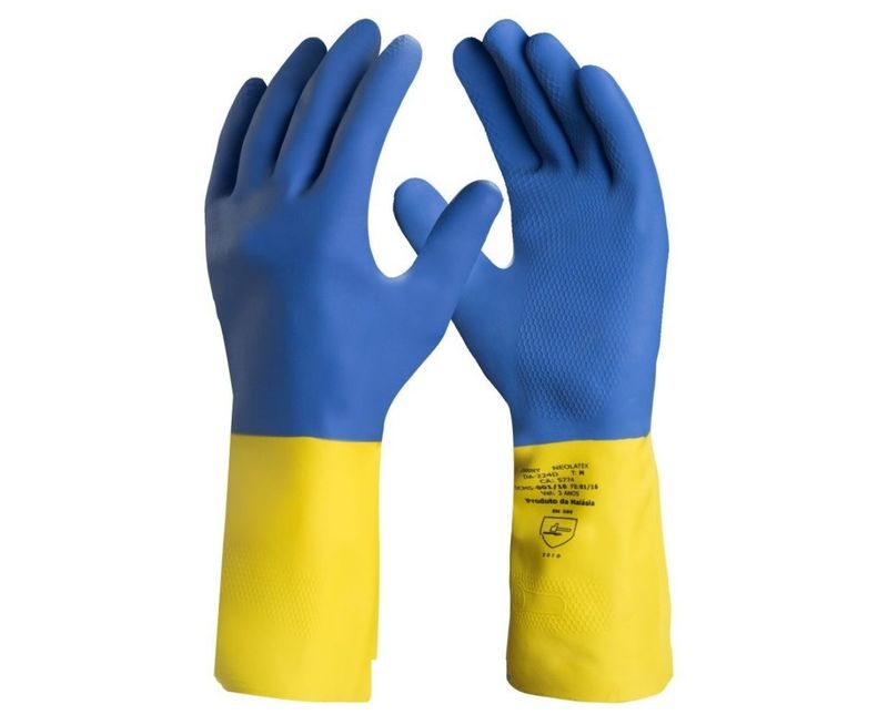 Luva Proteção Química Látex/Neoprene rene Azul/Amarela Nitrílica 405 Tamanho 10 CA 43392 Mapa | Imagem ilustrativa do par de luvas