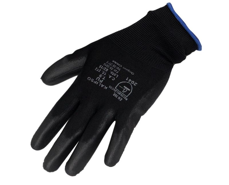Luva Antistatica Nylon Preta Poliuretano 020933 Tamanho 9/G Kalipso - Dimensional | Com foco no lado superior da luva