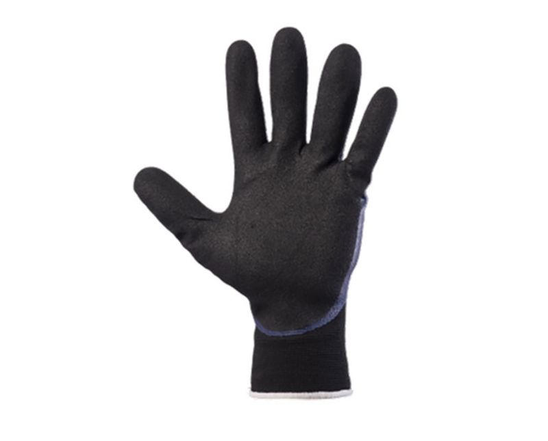 Luva Proteção Mecanica Nylon/NBR Preta/Azul Ultrablack DA46000 Tamanho G Danny - visão da parte de dentro de uma mão usando o produto.