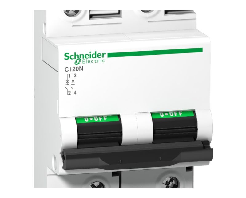 Disjuntor Mini Bipolar 100A 240VCA C 6KA Schneider | Dimensional - Imagel ampliada do produto com foco no botão