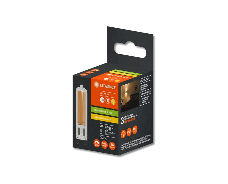 Lâmpada LED Halopin G9 Clara 2500K Bivolt 3,5W 350Lm 127V 7020222 Ledvance | Dimensional - Embalagem do produto
