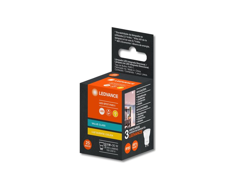 Lampada-LED-Par11-3W-2700K-300Lm-Bivolt-36G-Gu10-G4-7019620-Ledvance | Dimensional - Embalagem do produto