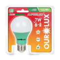 Lâmpada LED A60 E27 Verde Bivolt 7W OURO 60 COLORS Ourolux a imagem apresenta o produto dentro de sua embalagem de frente