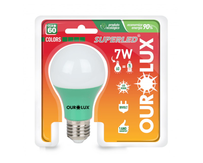 Lâmpada LED A60 E27 Verde Bivolt 7W OURO 60 COLORS Ourolux a imagem apresenta o produto dentro de sua embalagem de frente