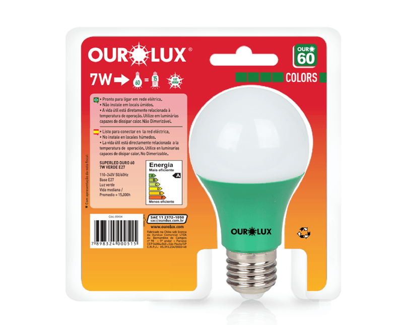 Lâmpada LED A60 E27 Verde Bivolt 7W OURO 60 COLORS Ourolux a imagem apresenta o produto dentro de sua embalagem de trás