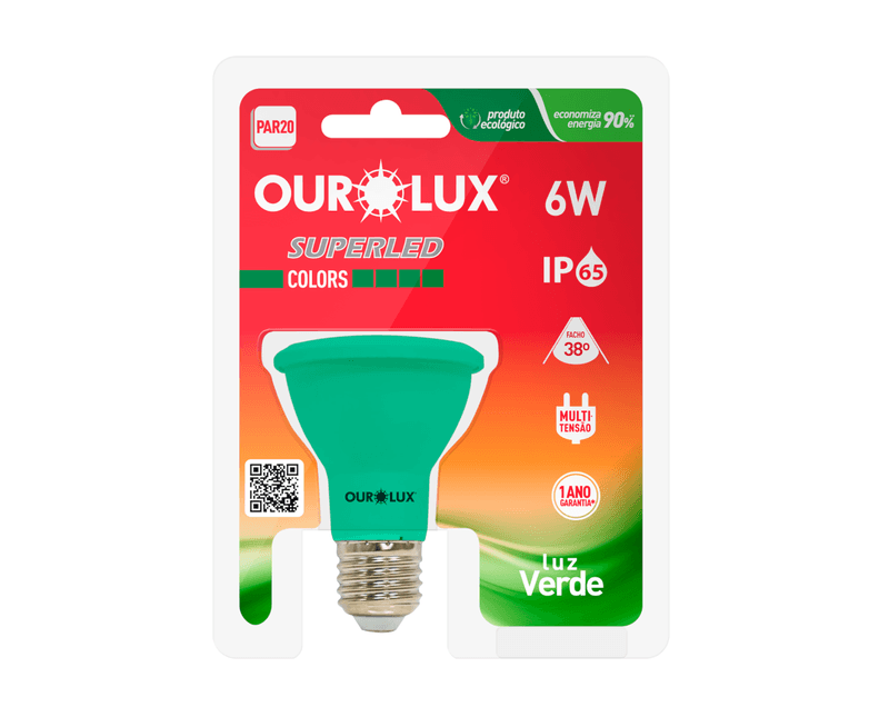 Lâmpada LED PAR20 E27 Verde Bivolt 6W SUPERLED COLORS Ourolux A imagem apresenta o produto dentro de sua embalagem de frente