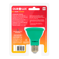 Lâmpada LED PAR20 E27 Verde Bivolt 6W SUPERLED COLORS Ourolux A imagem apresenta o produto em sua embalagem de trás