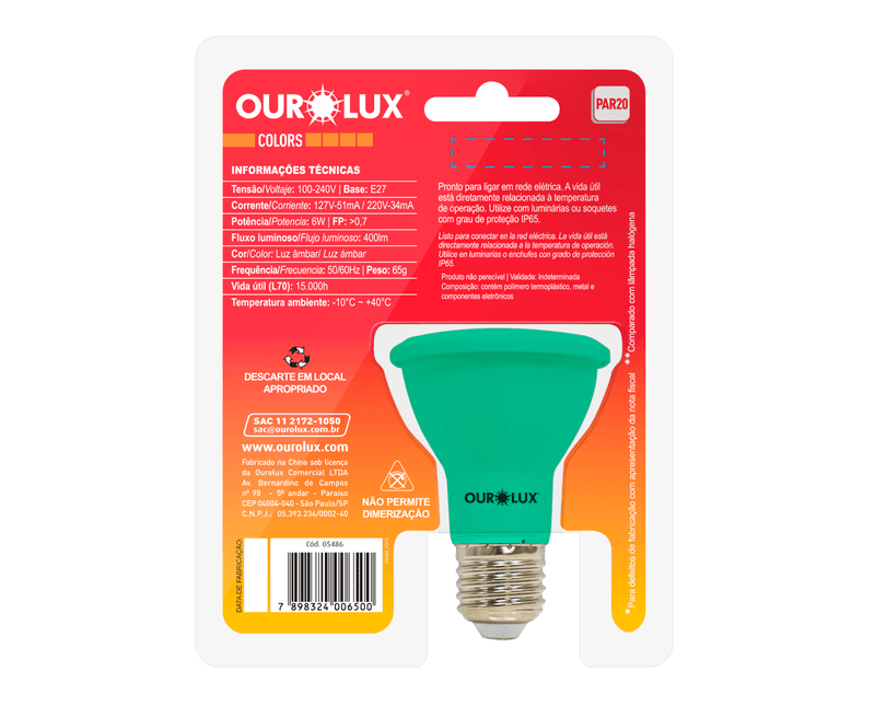 Lâmpada LED PAR20 E27 Verde Bivolt 6W SUPERLED COLORS Ourolux A imagem apresenta o produto em sua embalagem de trás