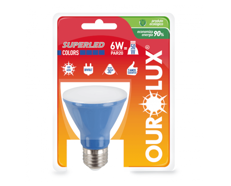 Lâmpada LED PAR20 E27 Azul Bivolt 6W SUPERLED COLORS Ourolux a imagem apresenta o produto em sua embalagem de frente