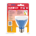 Lâmpada LED PAR20 E27 Azul Bivolt 6W SUPERLED COLORS Ourolux a imagem apresenta o produto em sua embalagem ed trás