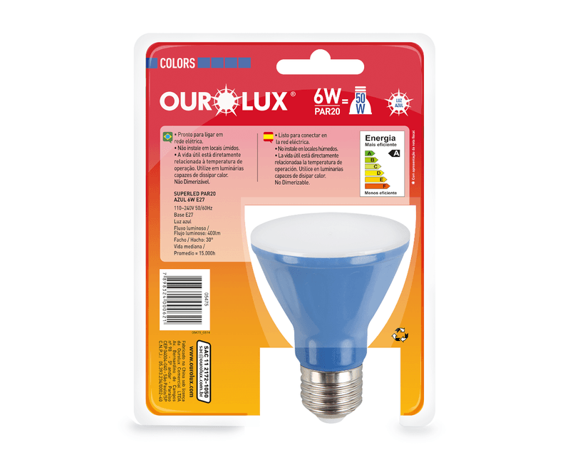 Lâmpada LED PAR20 E27 Azul Bivolt 6W SUPERLED COLORS Ourolux a imagem apresenta o produto em sua embalagem ed trás