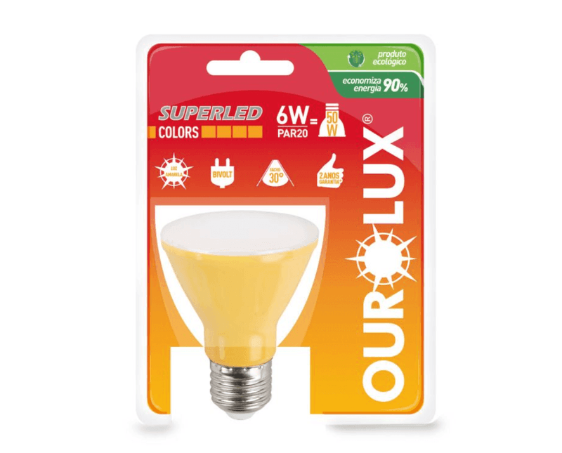 Lâmpada LED PAR20 E27 Amarelo Bivolt 6W 30G SUPERLED COLORS Ourolux a imagem apresenta o produto em sua embalagem de frente