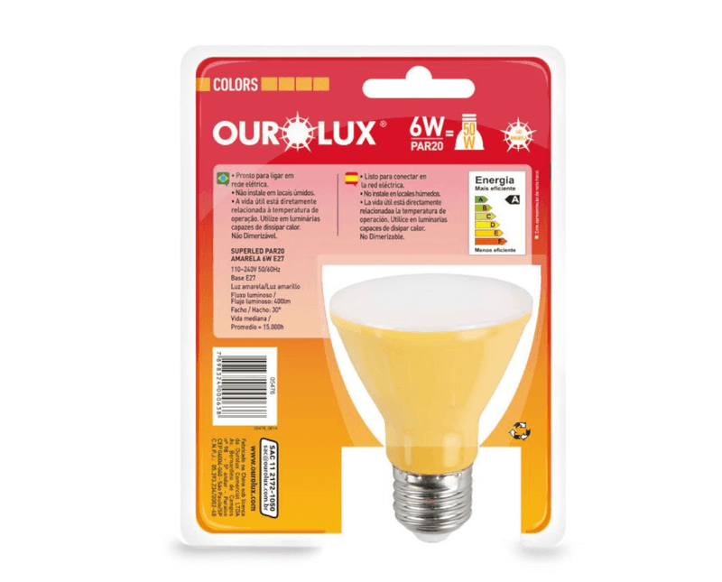 Lâmpada LED PAR20 E27 Amarelo Bivolt 6W 30G SUPERLED COLORS Ourolux a imagem apresenta o produto em sua embalagem de trás