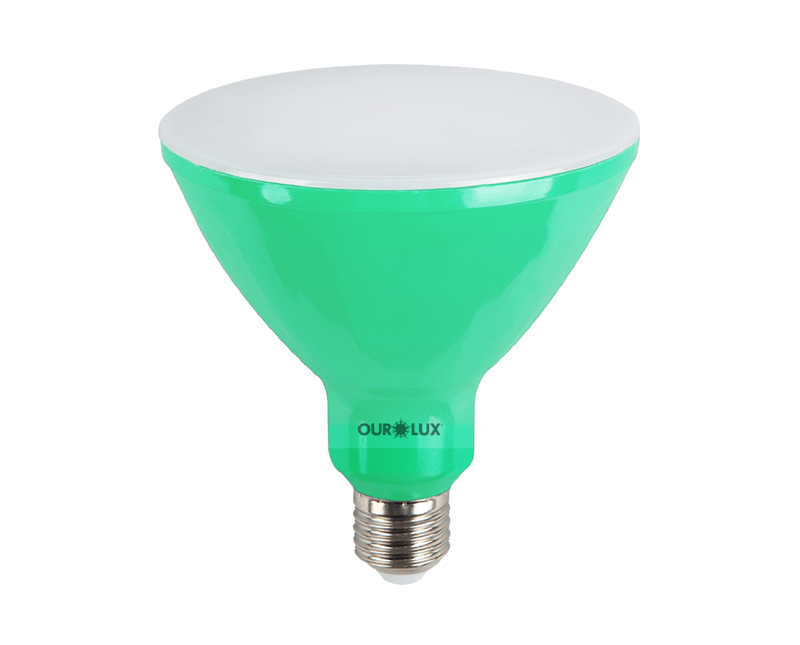 Lâmpada LED PAR38 E27 Verde Bivolt 16W SUPERLED COLORS Ourolux a imagem apresenta o produto inteiro