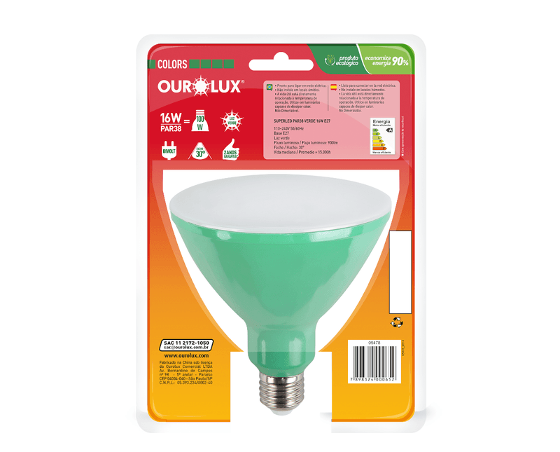 Lâmpada LED PAR38 E27 Verde Bivolt 16W SUPERLED COLORS Ourolux a imagem apresenta o produto em sua embalagem de trás
