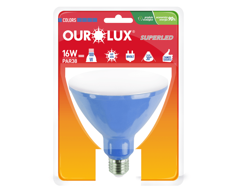 Lâmpada LED PAR38 E27 Azul Bivolt 16W SUPERLED COLORS Ourolux a imagem apresenta o produto em sua embalagem de frente