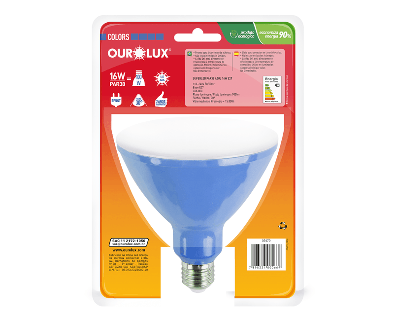 Lâmpada LED PAR38 E27 Azul Bivolt 16W SUPERLED COLORS Ourolux a imagem apresenta o produto em sua embalagem de trás