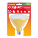 Lâmpada LED PAR38 E27 Amarelo Bivolt 16W SUPERLED COLORS Ourolux a imagem apresenta o produto em sua embalagem de frente