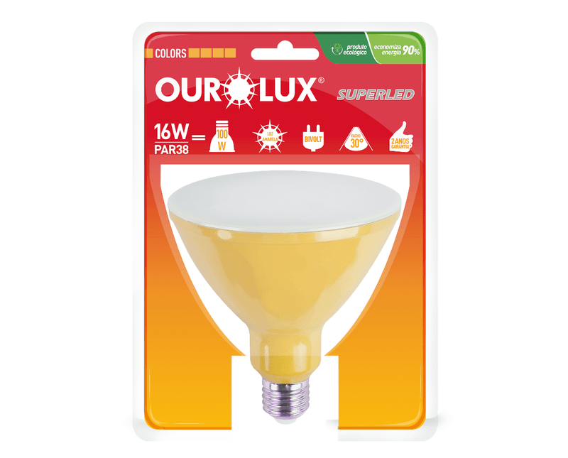 Lâmpada LED PAR38 E27 Amarelo Bivolt 16W SUPERLED COLORS Ourolux a imagem apresenta o produto em sua embalagem de frente