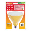 Lâmpada LED PAR38 E27 Amarelo Bivolt 16W SUPERLED COLORS Ourolux a imagem apresenta o produto em sua embalagem de trás
