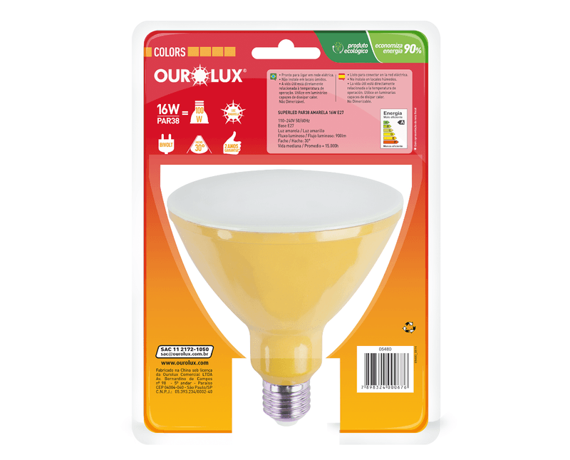 Lâmpada LED PAR38 E27 Amarelo Bivolt 16W SUPERLED COLORS Ourolux a imagem apresenta o produto em sua embalagem de trás