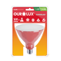 Lâmpada LED PAR38 E27 Vermelho Bivolt 16W SUPERLED COLORS Ourolux a imagem apresenta o produto em sua embalagem de frente