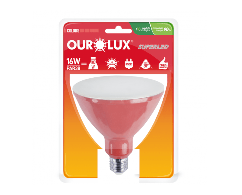 Lâmpada LED PAR38 E27 Vermelho Bivolt 16W SUPERLED COLORS Ourolux a imagem apresenta o produto em sua embalagem de frente
