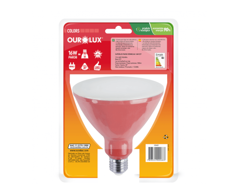Lâmpada LED PAR38 E27 Vermelho Bivolt 16W SUPERLED COLORS Ourolux a imagem apresenta o produto em sua embalagem de trás