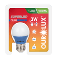 Lampada-LED-G45-E27-Azul-Bivolt-3W-SUPERLED-COLORS-Ourolux-2 a imagem apresenta o seu produto dentro da embalagem de frente