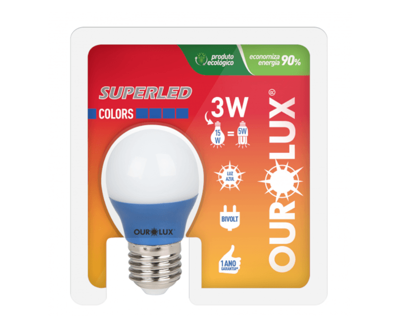 Lampada-LED-G45-E27-Azul-Bivolt-3W-SUPERLED-COLORS-Ourolux-2 a imagem apresenta o seu produto dentro da embalagem de frente