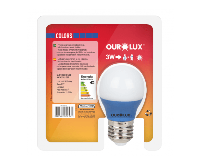 Lampada-LED-G45-E27-Azul-Bivolt-3W-SUPERLED-COLORS-Ourolux-3 a imagem apresenta o produto em sua embalagem de trás