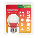 Lampada-LED-G45-E27-Vermelho-Bivolt-3W-SUPERLED-COLORS-Ourolux a imagem apresenta o produto em sua embalagem de frente